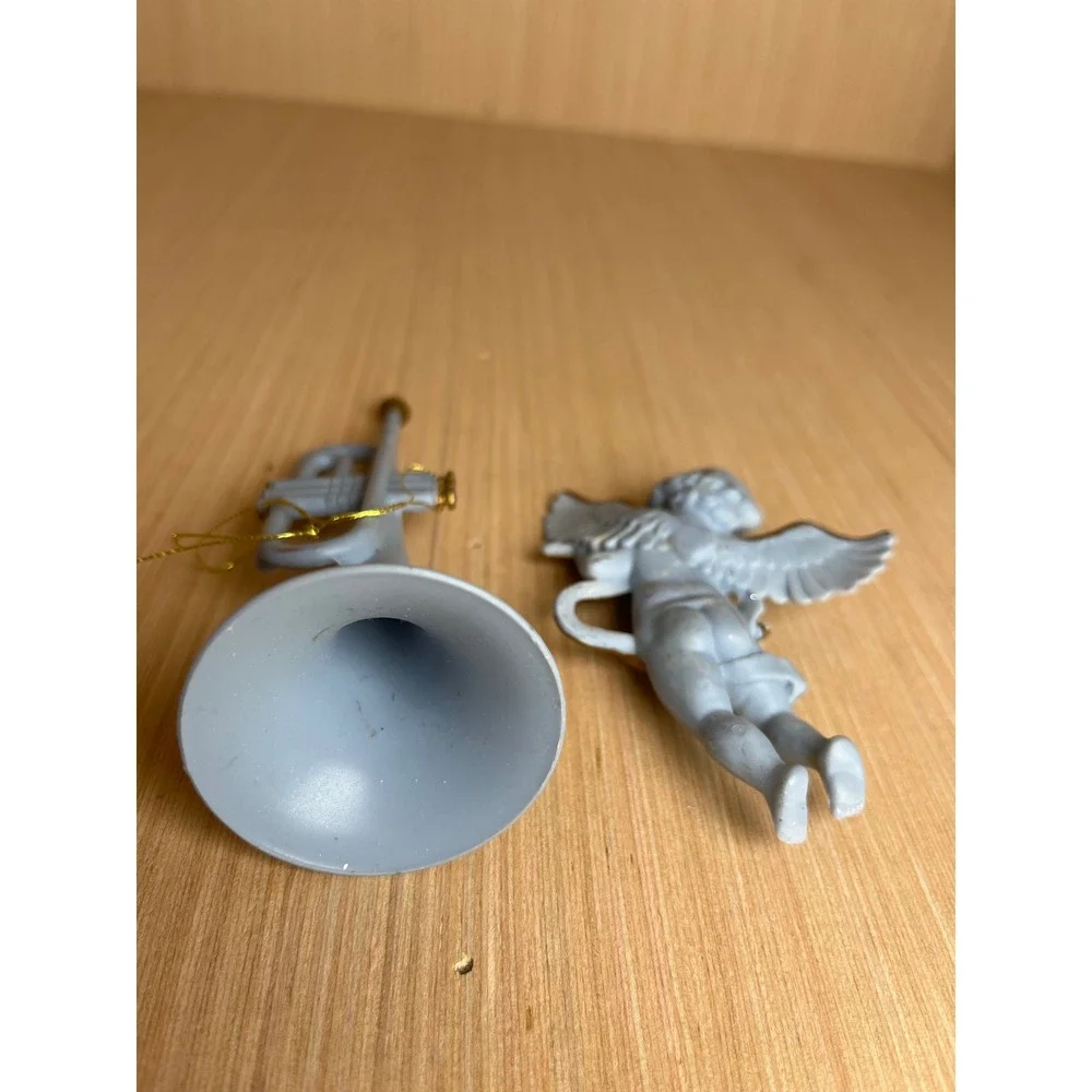 Vintage Light Blue Cherub and Trumpet Musical Christmas Ornaments Gold Accents